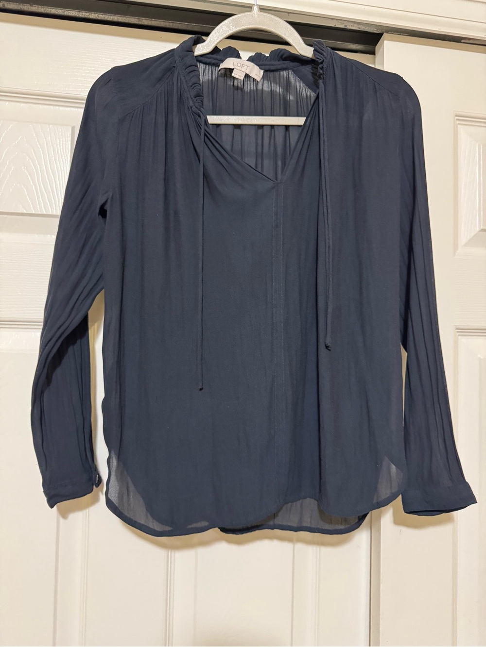 LOFT Navy Tie-Neck Long Sleeve Blouse